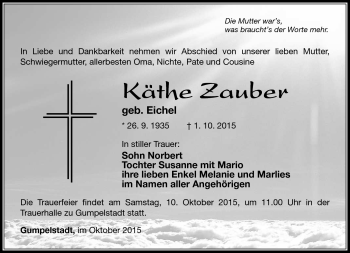 Traueranzeige von Käthe Zauber von Südthüringer Presse
