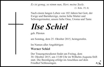 Traueranzeige von Ilse Schiel von Südthüringer Presse