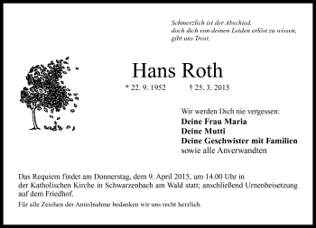 Traueranzeige von Hans Roth von Neue Presse Coburg