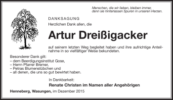 Traueranzeige von Artur Dreißigacker von Südthüringer Presse