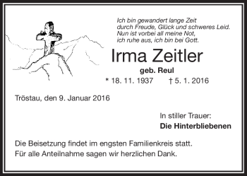 Traueranzeige von Irma Zeitler von Frankenpost
