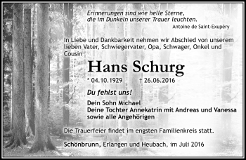 Traueranzeige von Hans Schurg von Südthüringer Presse