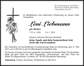 Traueranzeige von Leni Liebmann von Südthüringer Presse