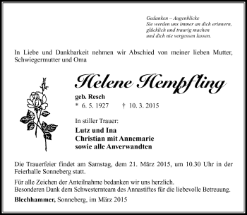Traueranzeige von Helene Hempfling von Südthüringer Presse