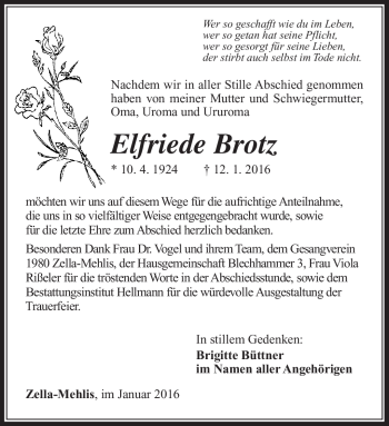 Traueranzeige von Elfriede Bortz von Südthüringer Presse