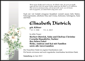 Traueranzeige von Elisabeth Dietrich von Südthüringer Presse