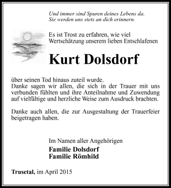 Traueranzeige von Kurt Dolsdorf von Südthüringer Presse