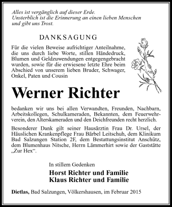 Traueranzeige von Werner Richter von Südthüringer Presse