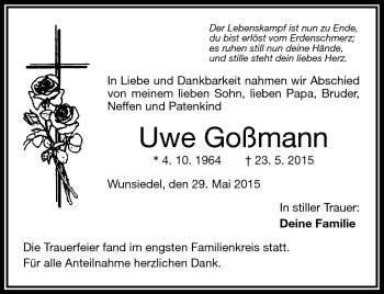 Traueranzeige von Uwe Goßmann von Frankenpost