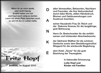Traueranzeige von Fritz Hopf von Südthüringer Presse