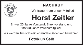 Traueranzeige von Horst Zeitler von Frankenpost