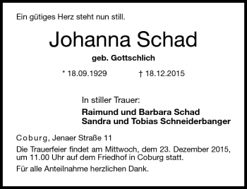 Traueranzeige von Johanna Schad von Neue Presse Coburg
