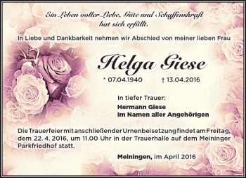 Traueranzeige von Helga Giese von Südthüringer Presse