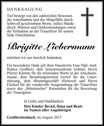 Traueranzeige von Brigitte Liebermann von Südthüringer Presse