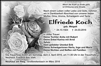Traueranzeige von Elfriede Koch von Südthüringer Presse