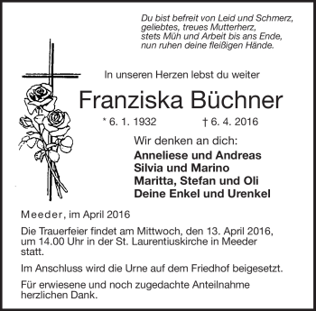 Traueranzeige von Franziska Büchner von Neue Presse Coburg