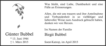 Traueranzeige von Günter Bubbel von Südthüringer Presse