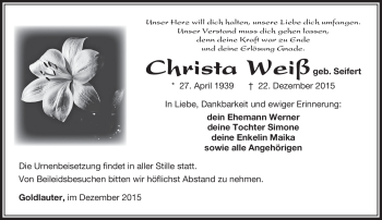 Traueranzeige von Christa Weiß von Südthüringer Presse
