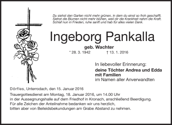 Traueranzeige von Ingeborg Pankalla von Neue Presse Coburg