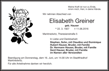 Traueranzeige von Elisabeth Greiner von Frankenpost