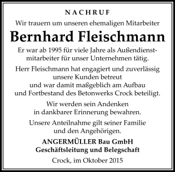 Traueranzeige von Bernhard Fleischmann von Südthüringer Presse