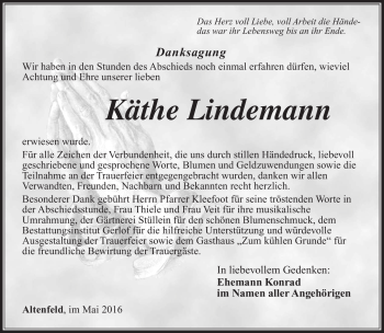 Traueranzeige von Käthe Lindemann von Südthüringer Presse