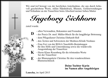Traueranzeige von Ingeborg Eichhorn von Südthüringer Presse