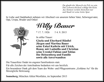 Traueranzeige von Willy Bauer von Südthüringer Presse