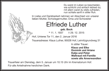 Traueranzeige von Elfriede Luther von Frankenpost