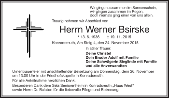Traueranzeige von Werner Bsirske von Frankenpost
