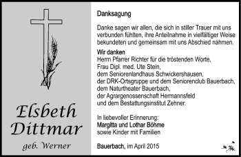 Traueranzeige von Elsbeth Dittmar von Südthüringer Presse