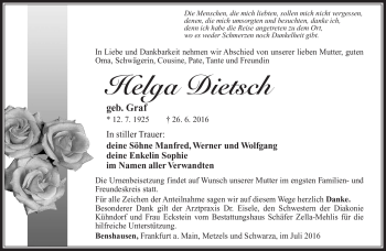 Traueranzeige von Helga Dietsch von Südthüringer Presse