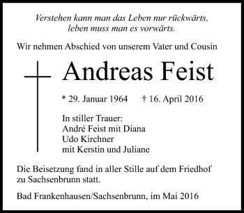 Traueranzeige von Andreas Feist von Südthüringer Presse
