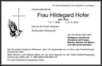 Traueranzeige von Hildegard Hofer von Frankenpost