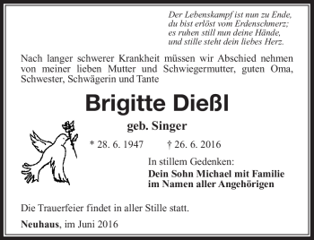 Traueranzeige von Brigitte Dießl von Südthüringer Presse