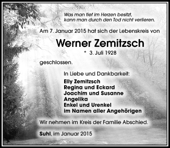 Traueranzeige von Werner Zemitzsch von 23018