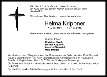 Traueranzeige von Helma Krippner von Frankenpost