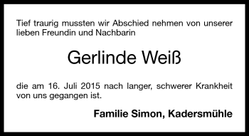 Traueranzeige von Gerlinde Weiß von Neue Presse Coburg