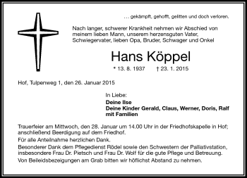 Traueranzeige von Hans Köppel von Frankenpost