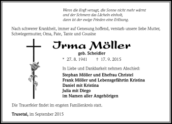 Traueranzeige von Irma Möller von Südthüringer Presse