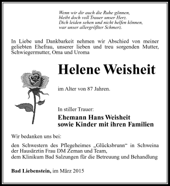 Traueranzeige von Helene Weisheit von Südthüringer Presse