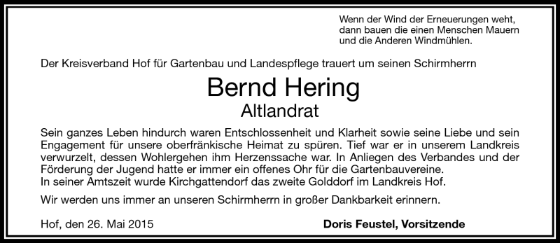  Traueranzeige für Bernd Hering vom 26.05.2015 aus Frankenpost