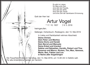 Traueranzeige von Artur Vogel von Frankenpost