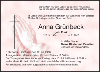 Traueranzeige von Anna Grünbeck von Neue Presse Coburg