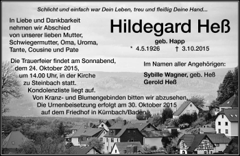 Traueranzeige von Hildegard Heß von Südthüringer Presse