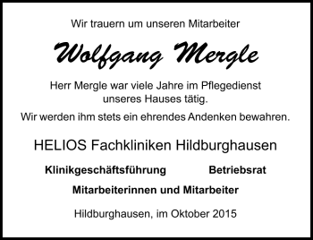 Traueranzeige von Wolfgang Mergle von Südthüringer Presse