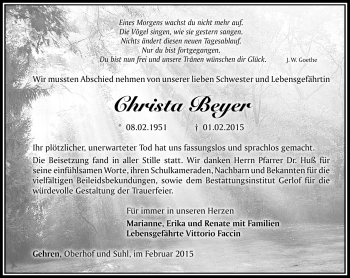 Traueranzeige von Christa Beyer von Südthüringer Presse