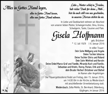 Traueranzeige von Giesela Hoffmann von Südthüringer Presse