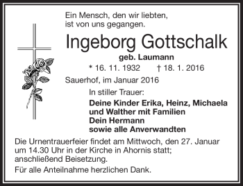 Traueranzeige von Ingeborg Gottschalk von Frankenpost