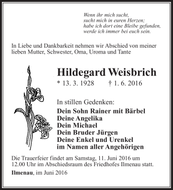 Traueranzeige von Hidlegard Weisbrich von Südthüringer Presse